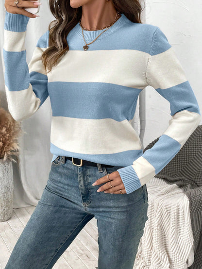 Women's Striped Sweater with Long Sleeves and Round Neck