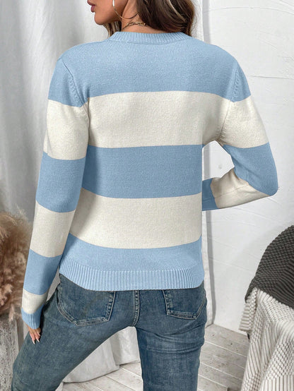 Women's Striped Sweater with Long Sleeves and Round Neck