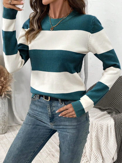 Women's Striped Sweater with Long Sleeves and Round Neck