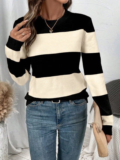 Women's Striped Sweater with Long Sleeves and Round Neck