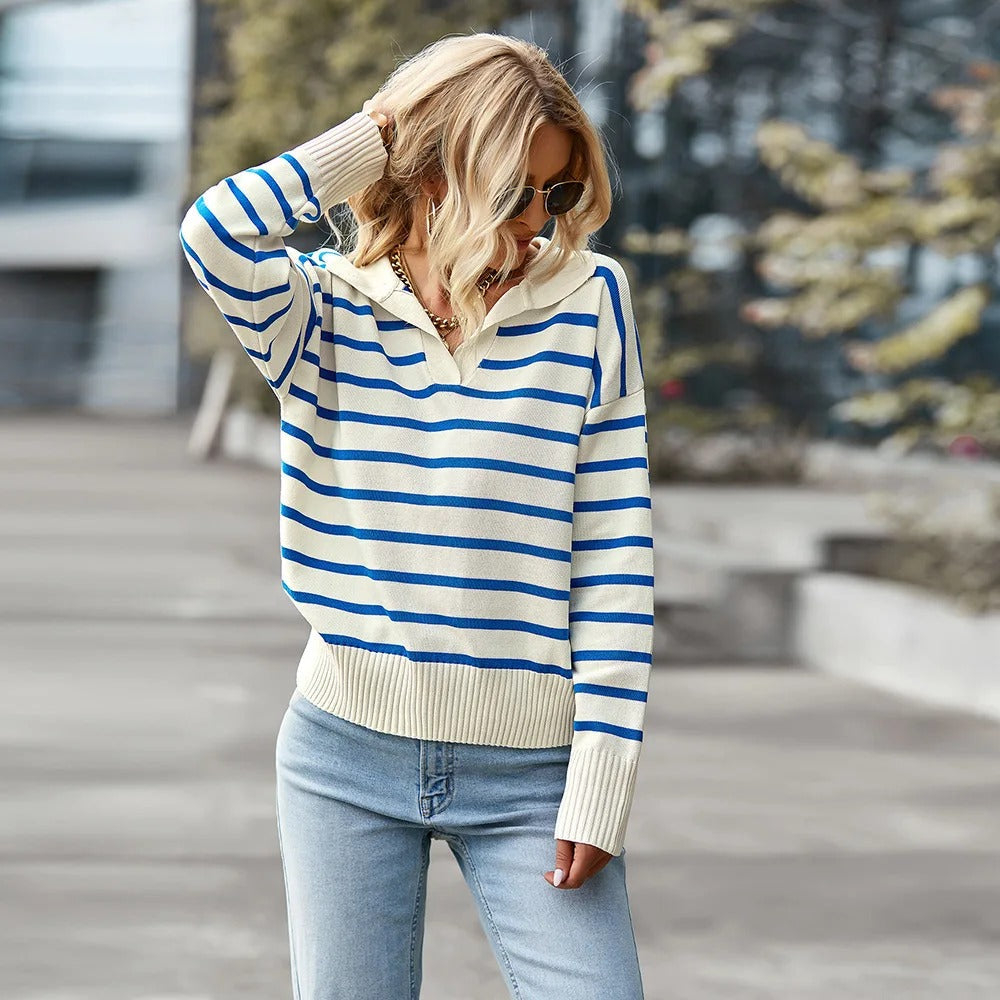 Women's Striped V-Neck Sweater with Ribbed Cuffs