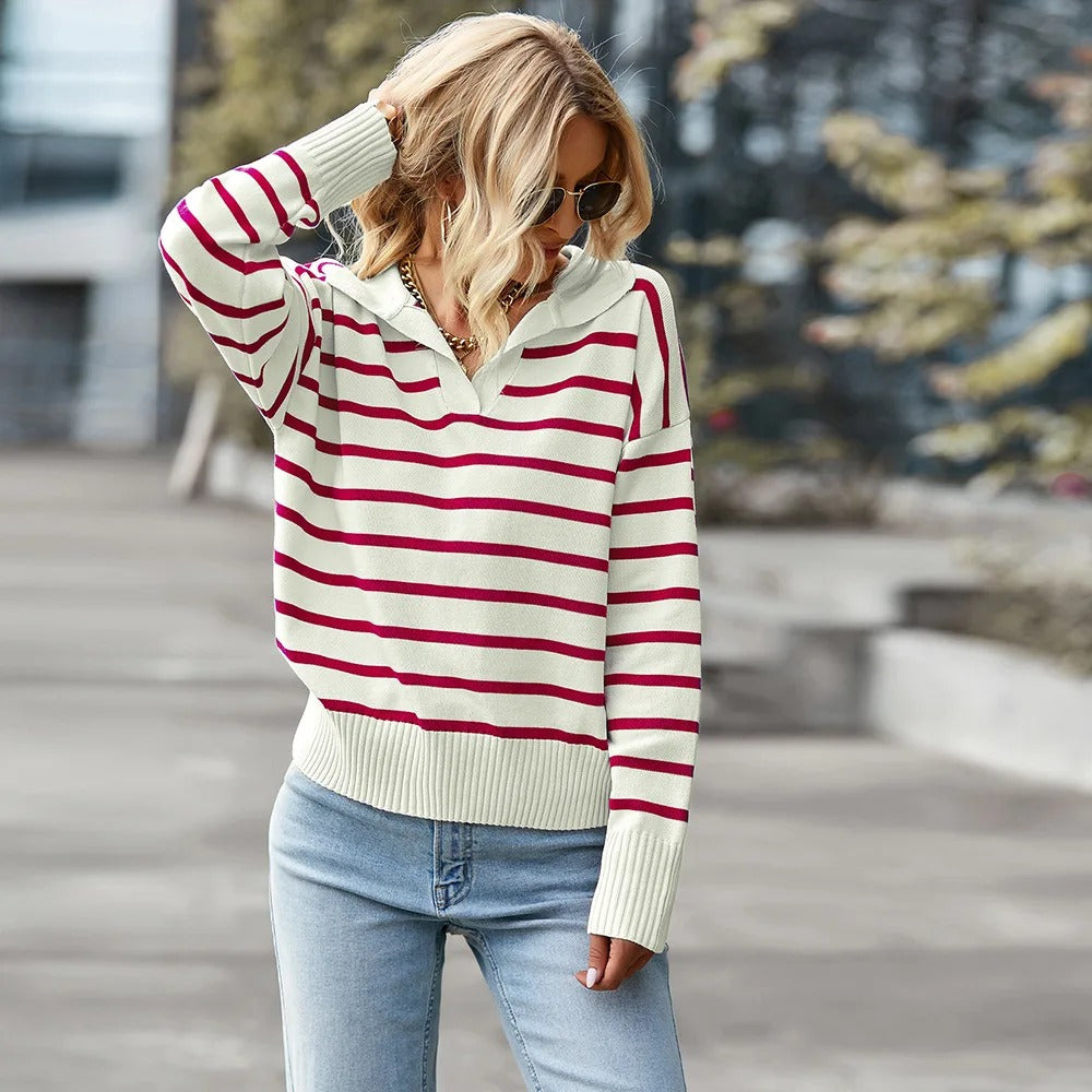 Women's Striped V-Neck Sweater with Ribbed Cuffs