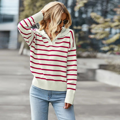 Women's Striped V-Neck Sweater with Ribbed Cuffs