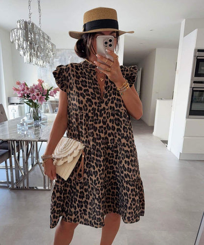 Women's Summer Dress with Ruffled Sleeves and Leopard Print