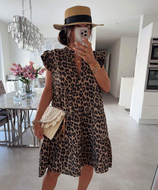 Women's Summer Dress with Ruffled Sleeves and Leopard Print