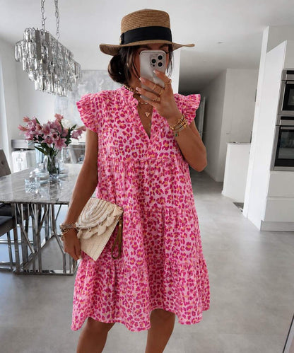 Women's Summer Dress with Ruffled Sleeves and Leopard Print