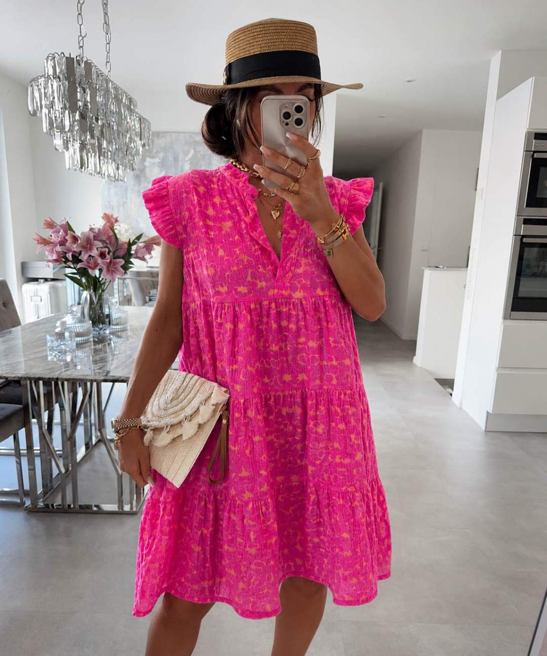 Women's Summer Dress with Ruffled Sleeves and Leopard Print