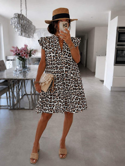 Women's Summer Dress with Ruffled Sleeves and Leopard Print