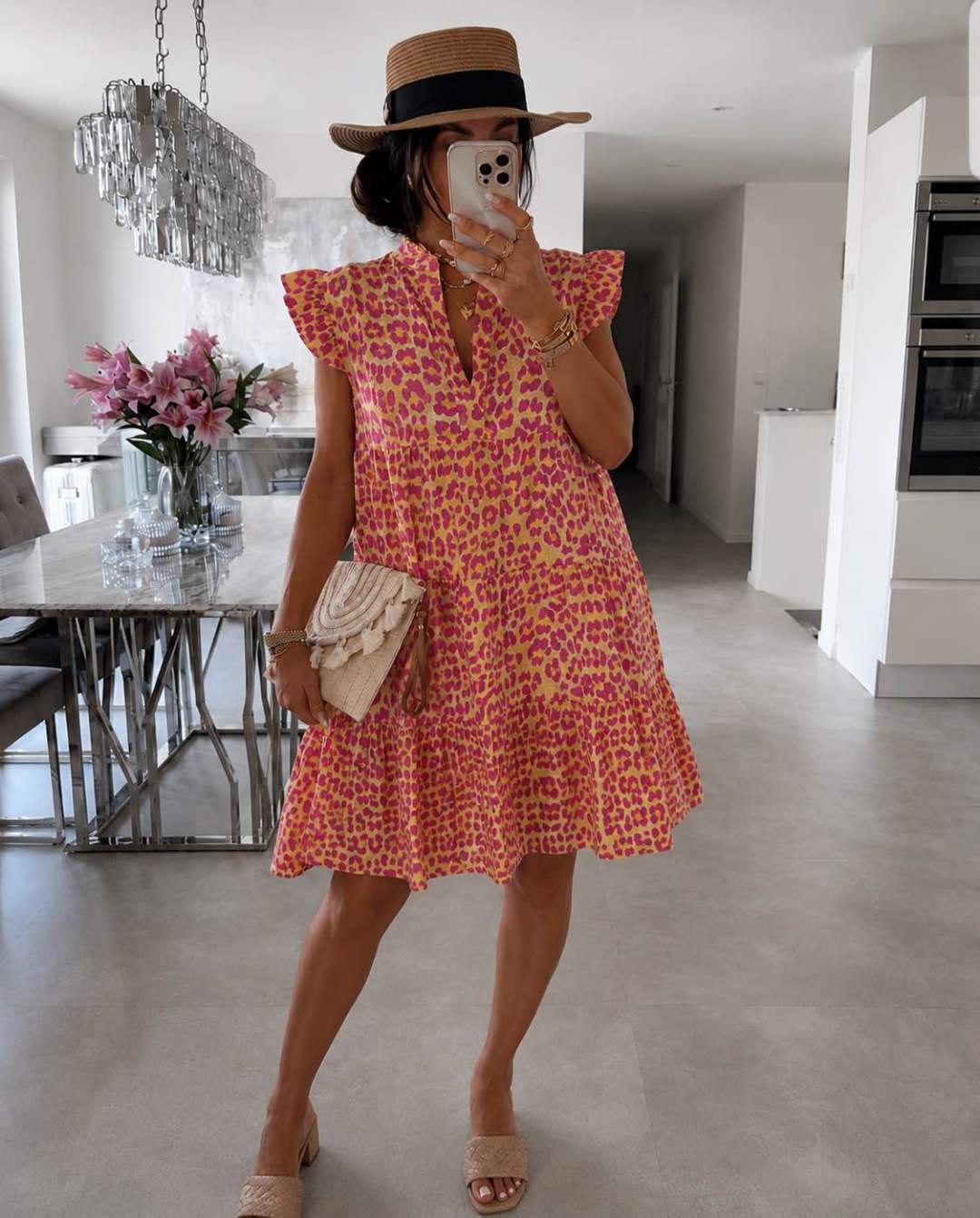 Women's Summer Dress with Ruffled Sleeves and Leopard Print