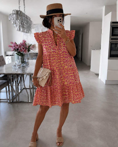 Women's Summer Dress with Ruffled Sleeves and Leopard Print