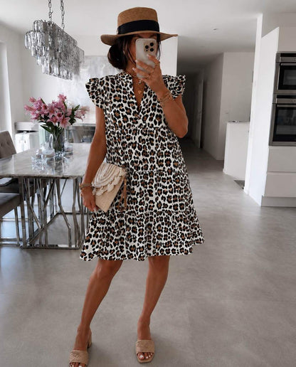 Women's Summer Dress with Ruffled Sleeves and Leopard Print