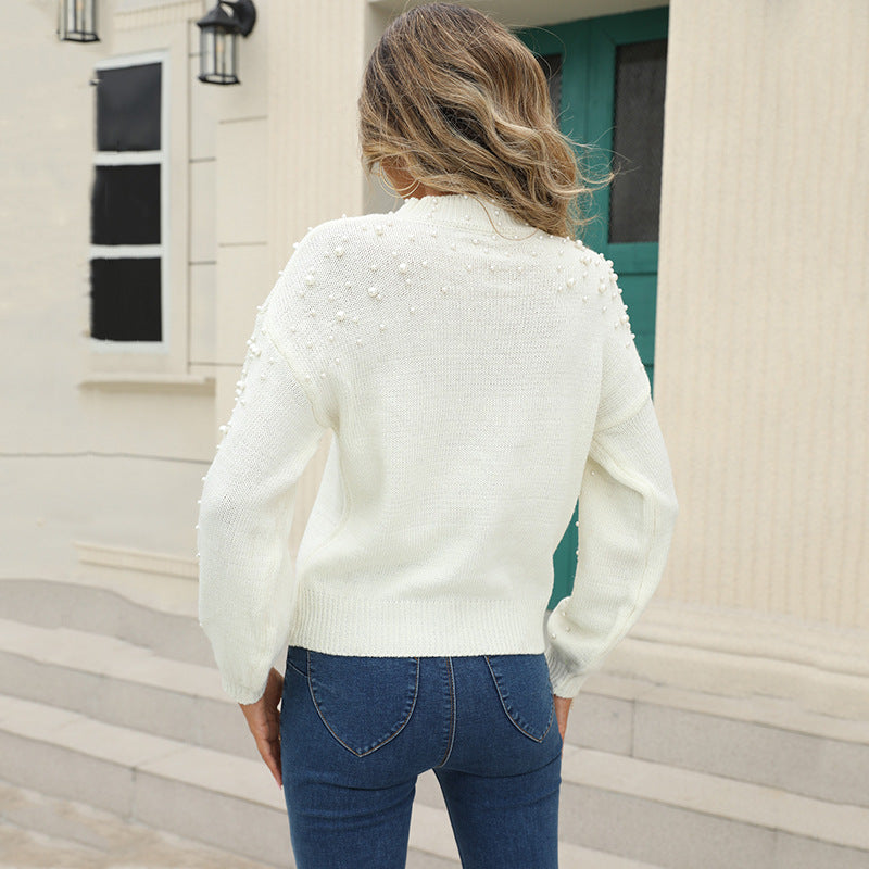 Women's Sweater with Decorative Pearl Details and Structured Design