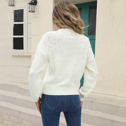 Women's Sweater with Decorative Pearl Details and Structured Design
