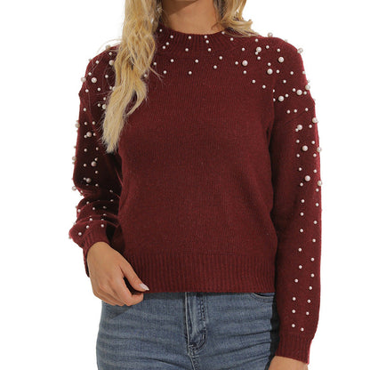 Women's Sweater with Decorative Pearl Details and Structured Design