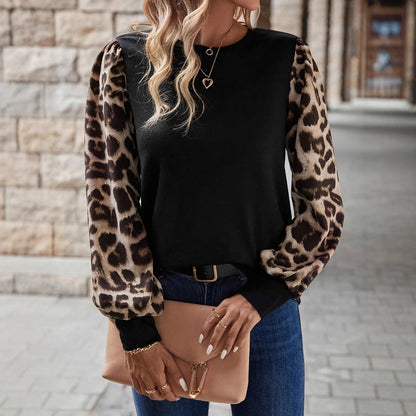 Women's Sweater with Leopard Print Puff Sleeves