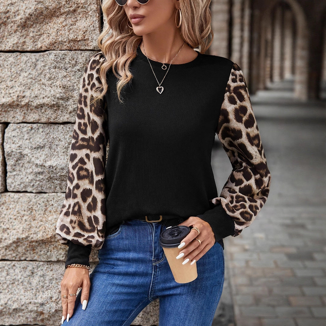 Women's Sweater with Leopard Print Puff Sleeves