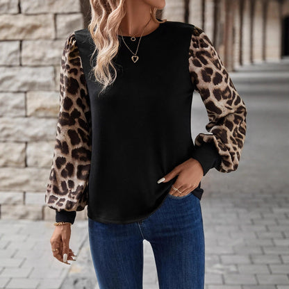Women's Sweater with Leopard Print Puff Sleeves