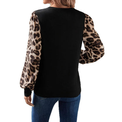 Women's Sweater with Leopard Print Puff Sleeves