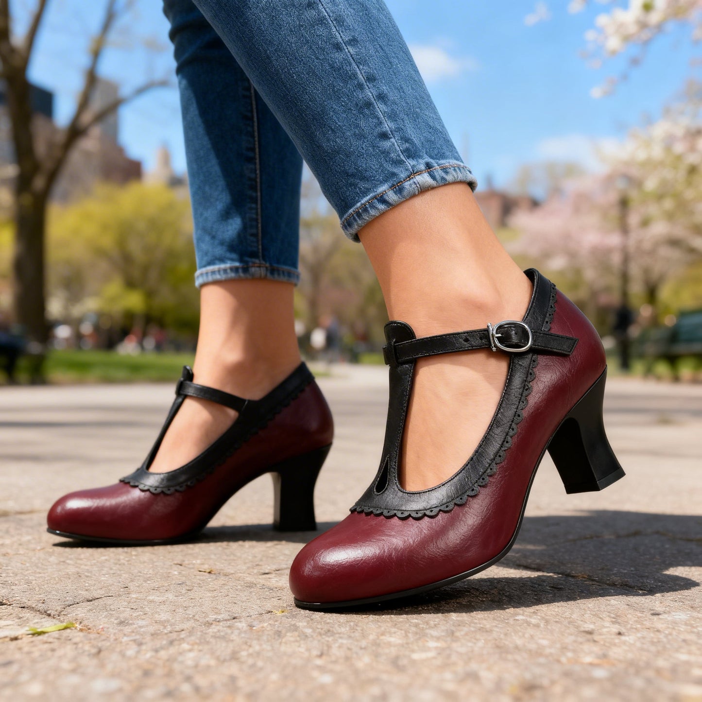 Women's T-Strap Loafers with Scalloped Detail