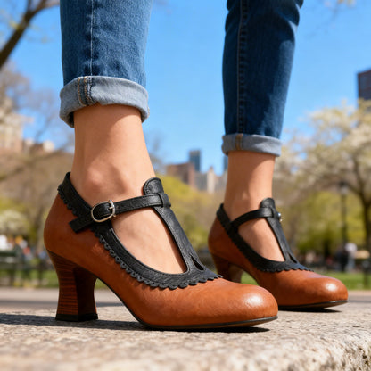 Women's T-Strap Loafers with Scalloped Detail