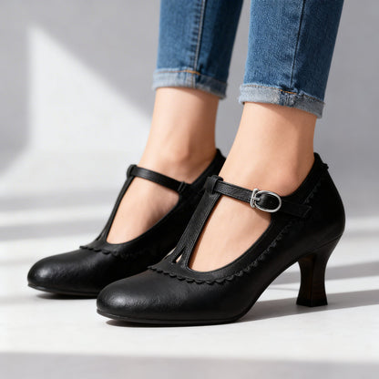 Women's T-Strap Loafers with Scalloped Detail