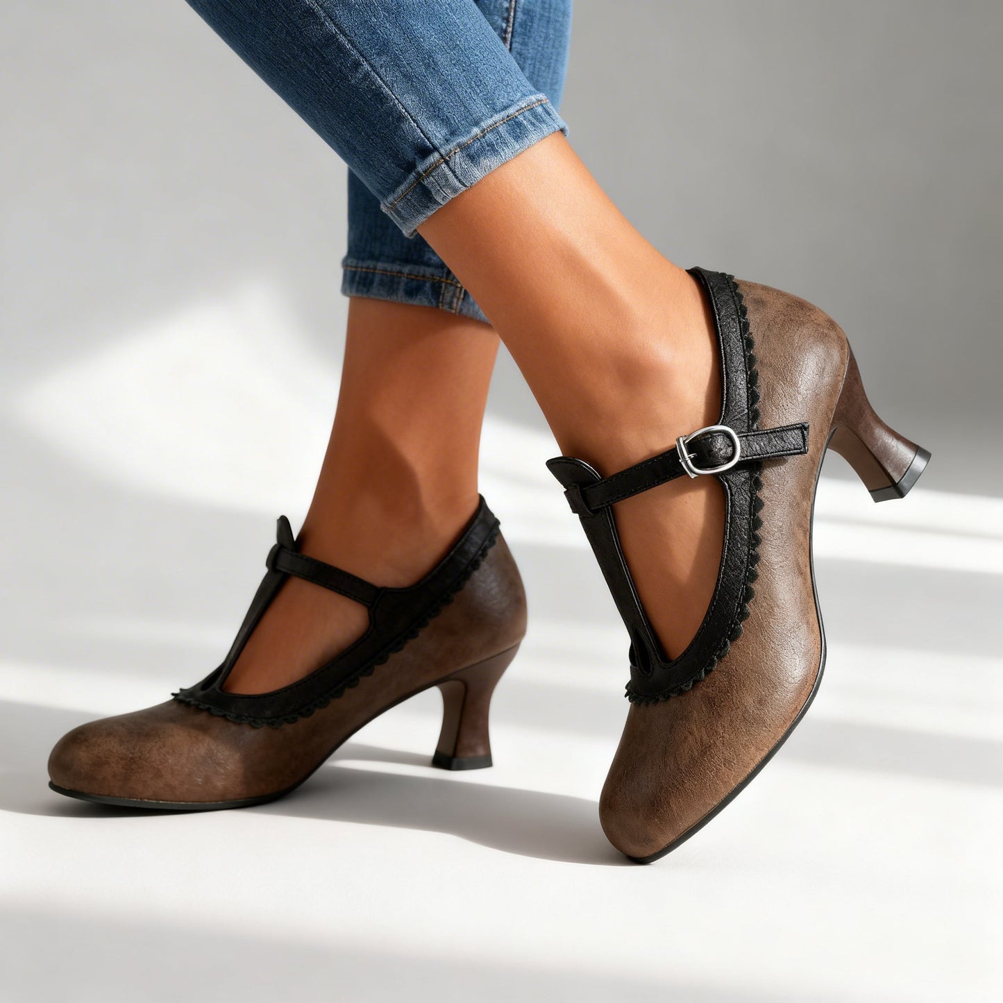 Women's T-Strap Loafers with Scalloped Detail