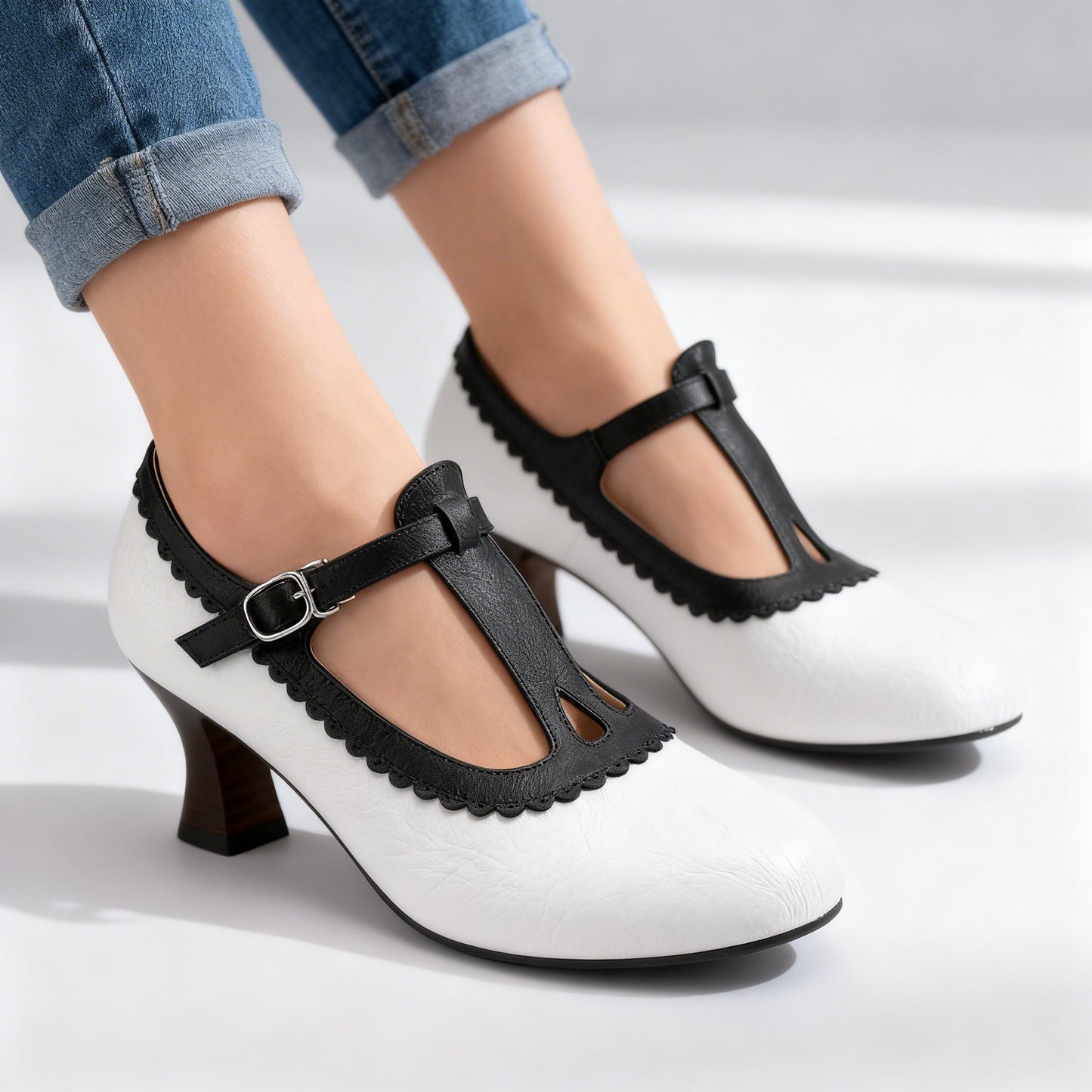 Women's T-Strap Loafers with Scalloped Detail
