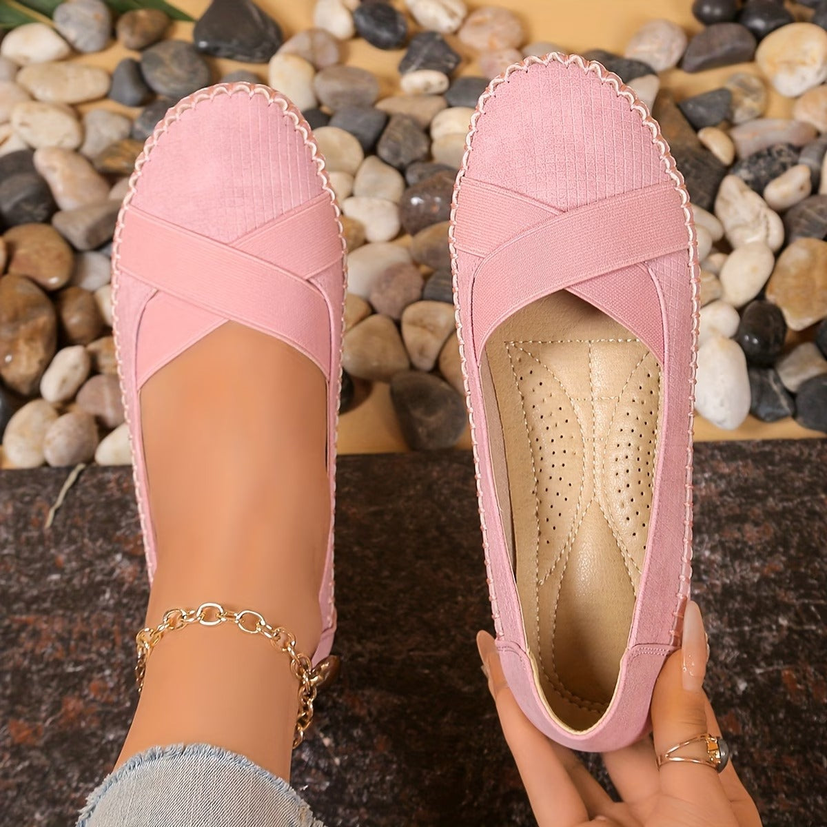 Women's Textured Ballet Flats with Cross-Strap Design