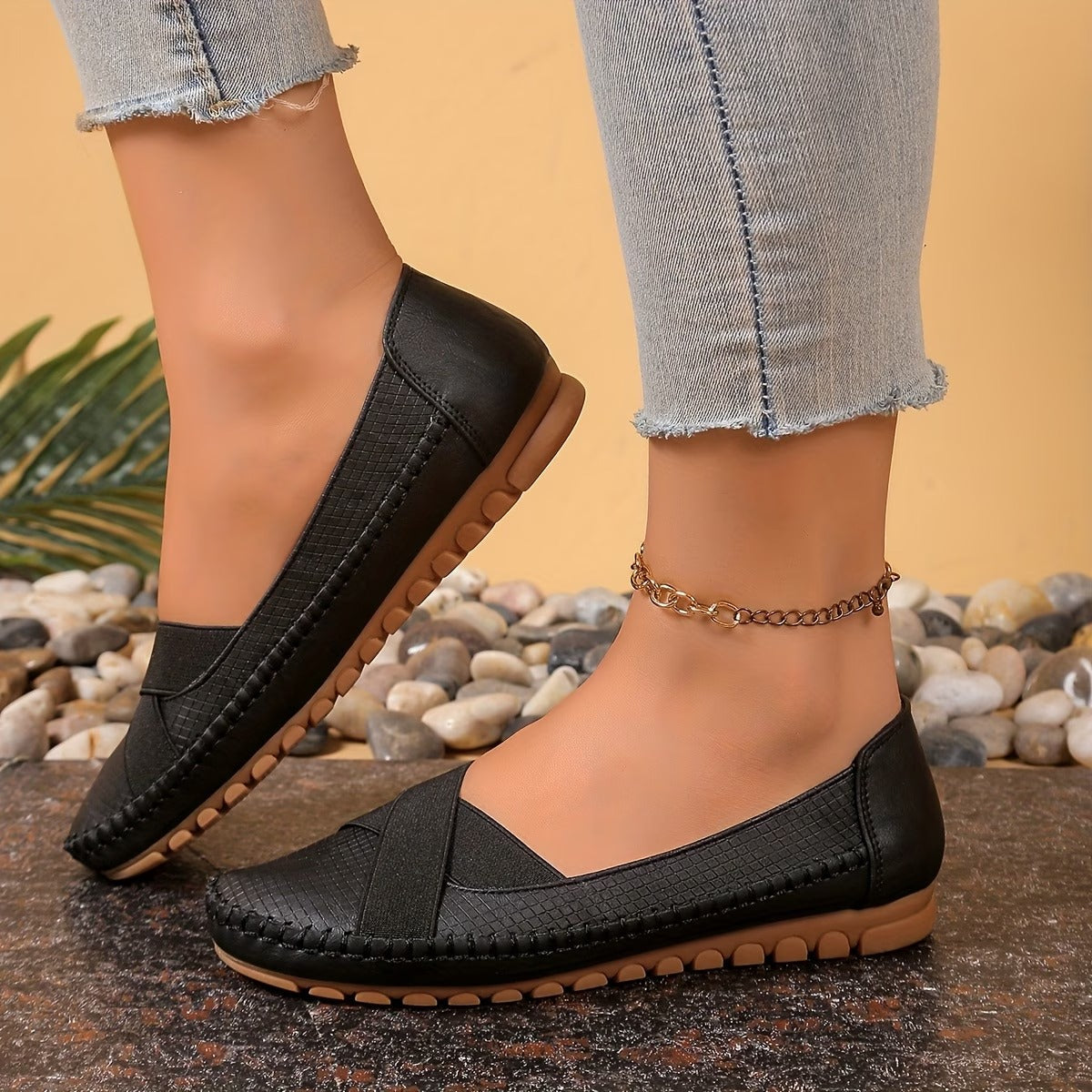 Women's Textured Ballet Flats with Cross-Strap Design