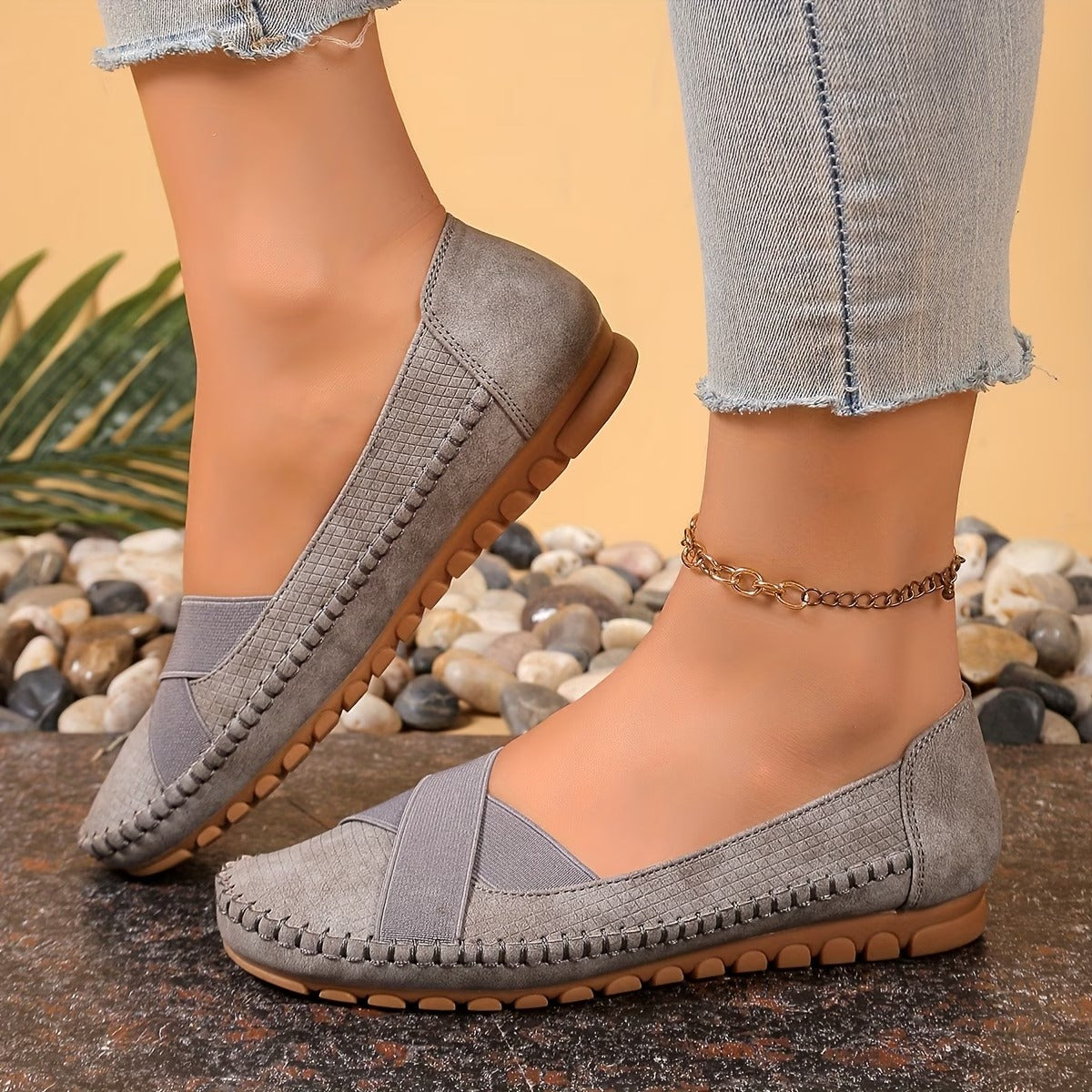 Women's Textured Ballet Flats with Cross-Strap Design