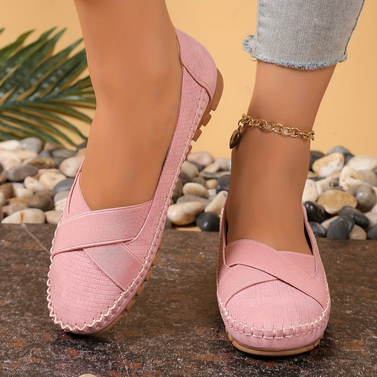 Women's Textured Ballet Flats with Cross-Strap Design