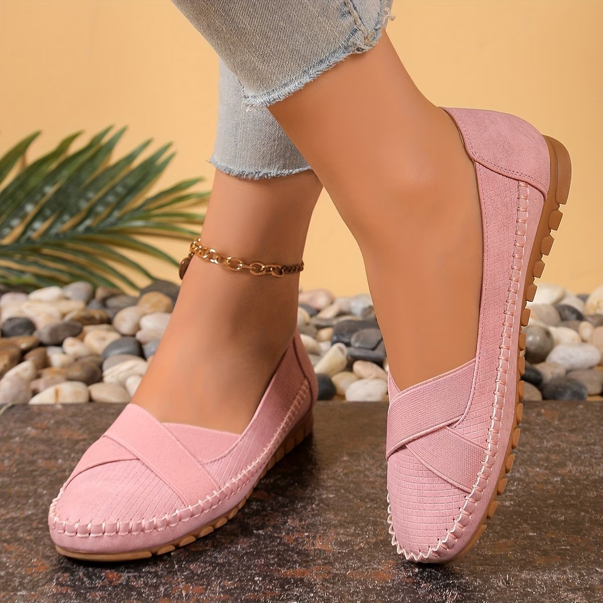 Women's Textured Ballet Flats with Cross-Strap Design
