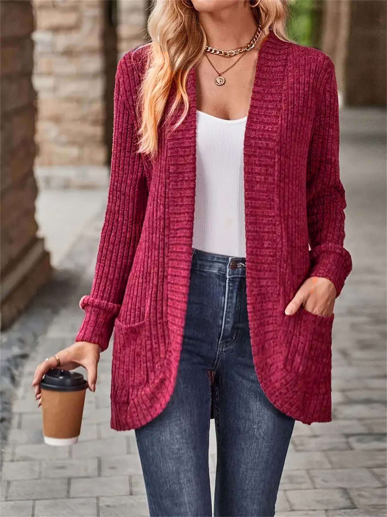 Women's Textured Casual Cardigan with Pockets for Everyday Wear