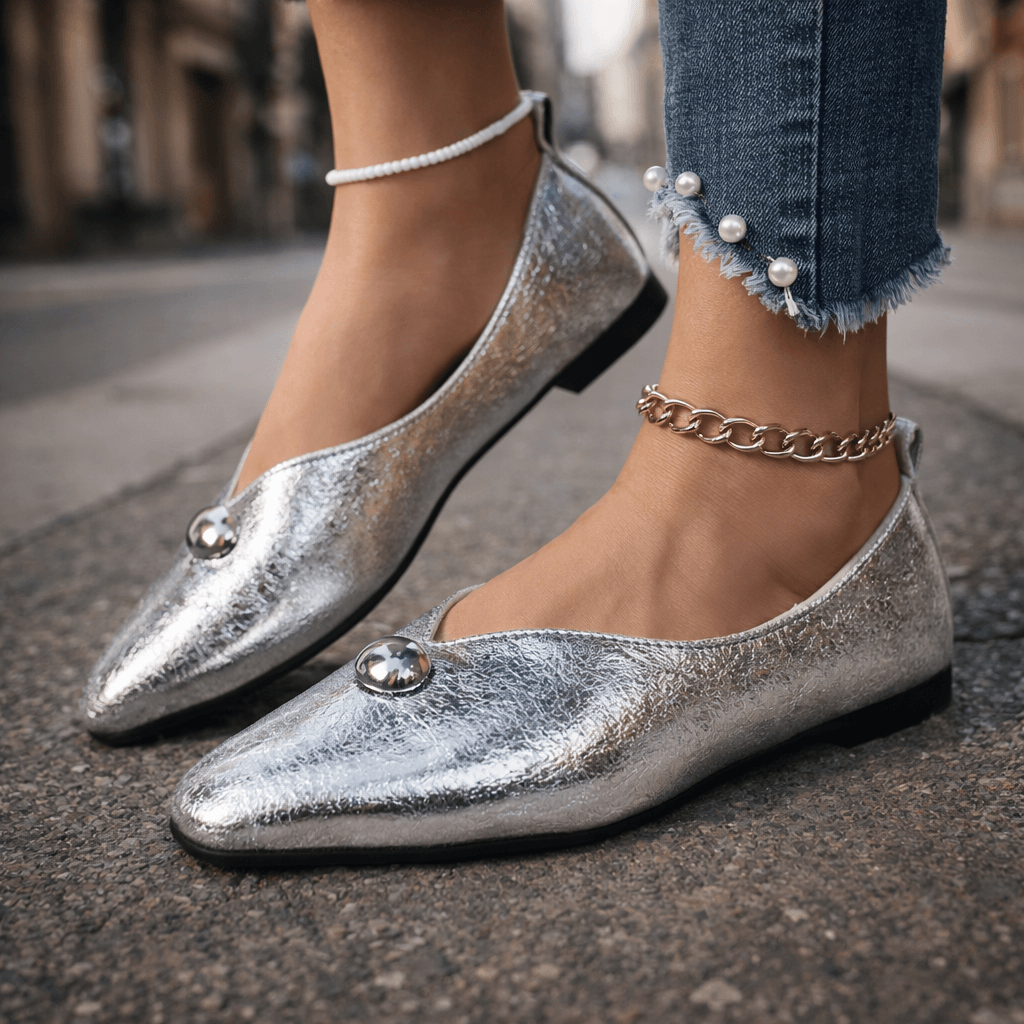 Women's Textured Metallic Slip-On Flats with Cushioned Comfort