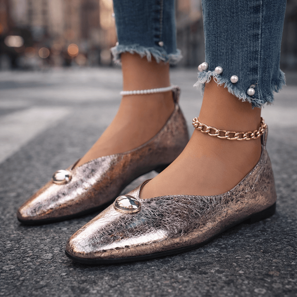 Women's Textured Metallic Slip-On Flats with Cushioned Comfort
