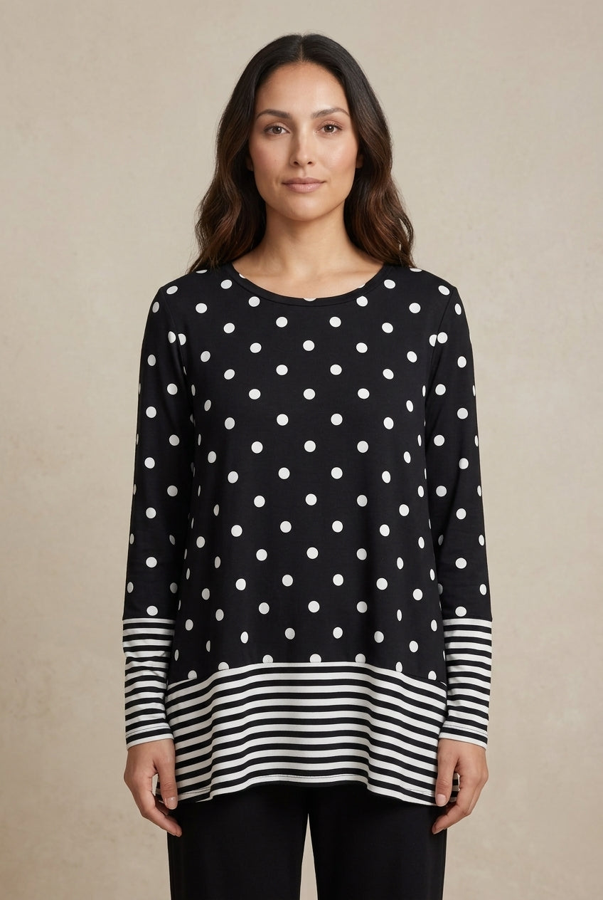 Women's Tunic Tops with Polka Dot Print and Striped Hem