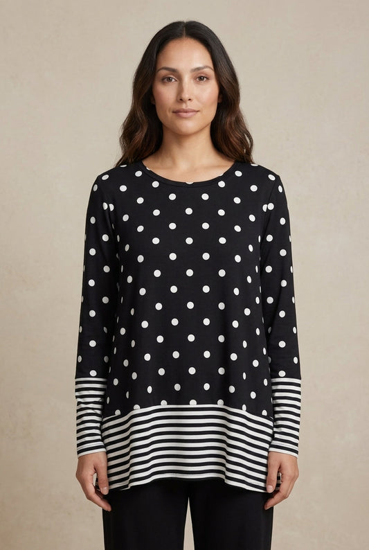 Women's Tunic Tops with Polka Dot Print and Striped Hem