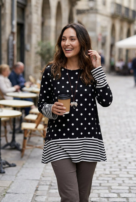 Women's Tunic Tops with Polka Dot Print and Striped Hem