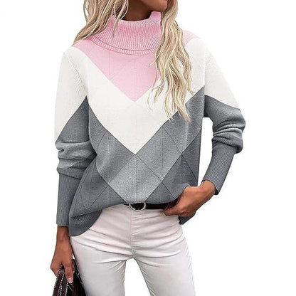 Women's Turtleneck Knit Sweater with Geometric Design