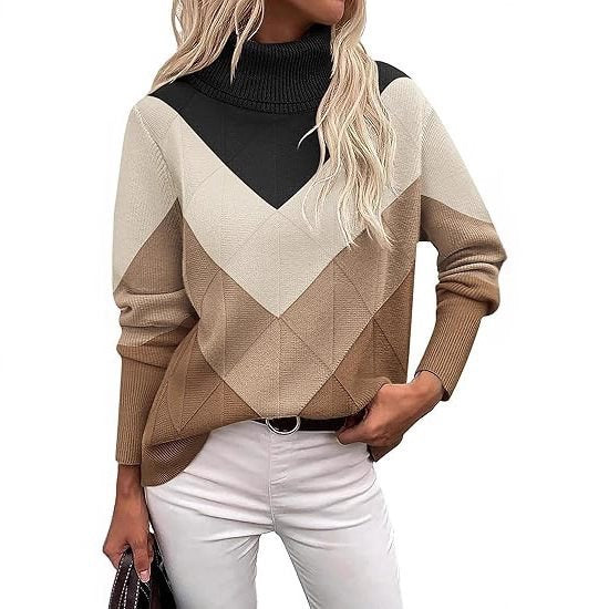 Women's Turtleneck Knit Sweater with Geometric Design