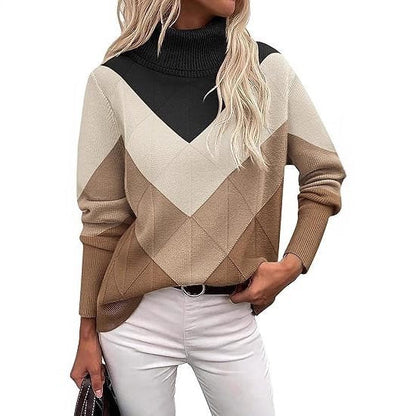 Women's Turtleneck Knit Sweater with Geometric Design