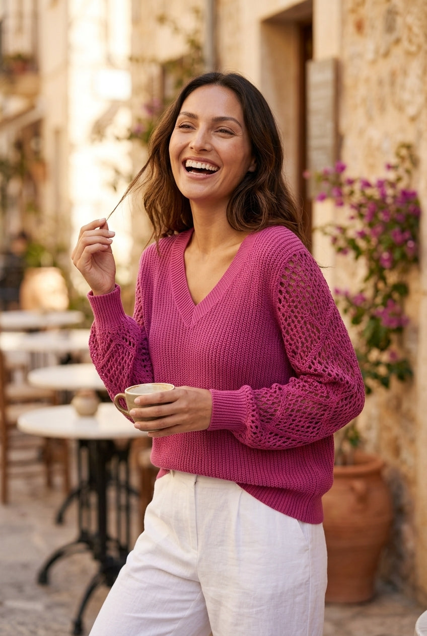 Women's V-Neck Knitted Sweater with Draping Fit