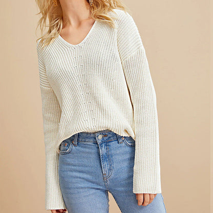 Women's V-Neck Knitted Sweater with Relaxed Fit
