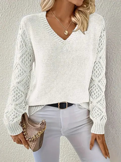 Women's V-Neck Knitted Sweater with Solid Design