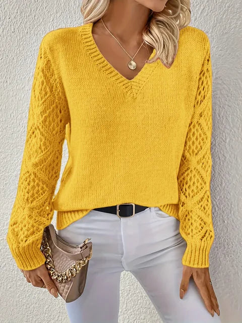 Women's V-Neck Knitted Sweater with Solid Design