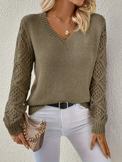 Women's V-Neck Knitted Sweater with Solid Design