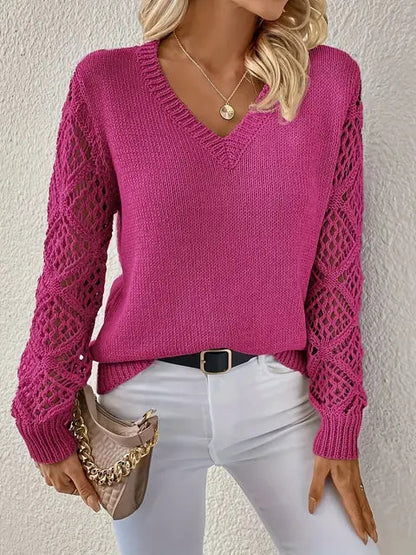 Women's V-Neck Knitted Sweater with Solid Design