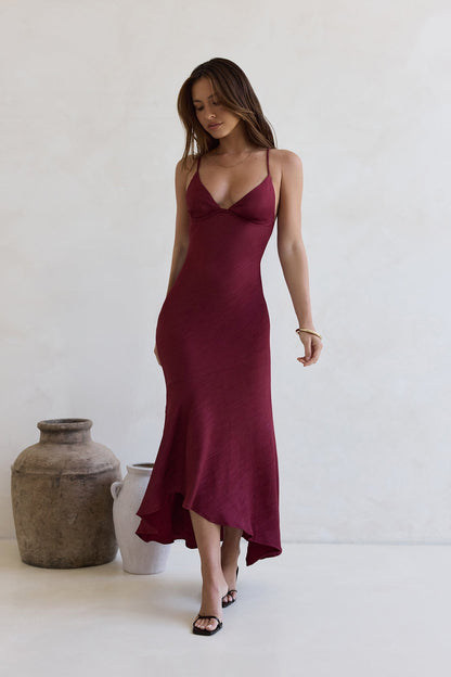 Women's V-Neck Maxi Dress with Asymmetrical Hem