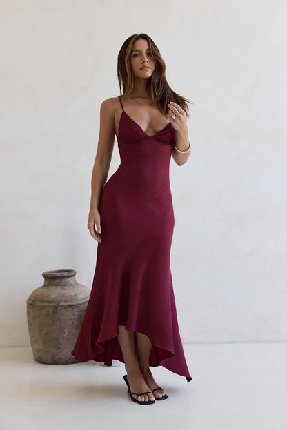 Women's V-Neck Maxi Dress with Asymmetrical Hem