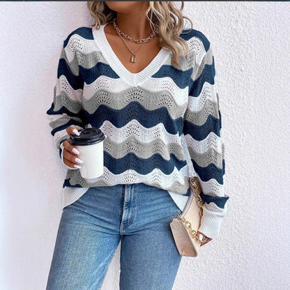 Women's V-Neck Sweater with Wavy Zigzag Design